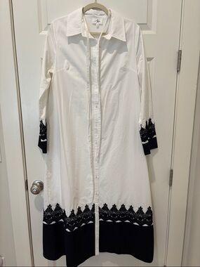 Able White Button-Front Long Sleeve Dress with Black Lace Trim